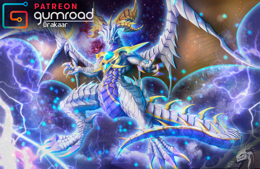 bahamut claws cygames detailed details digital_media_(artwork) dragalia_lost dragon drakaar elysium elysium_(dragalia_lost) female feral gumroad lightning looking_at_viewer male muscular nintendo outside patreon scales signature solo space standing text video_games void watermark white_body wings