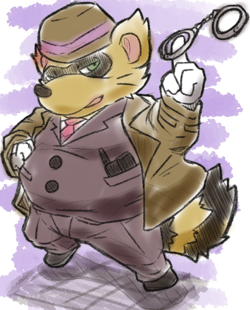 2022 anthro belly big_belly bottomwear brown_body canid canine clothing cuff_(restraint) green_eyes handcuffs hat headgear headwear hi_res kemono male mammal metal_cuffs necktie pants prototendon raccoon_dog restraints sengoku_puzzle shirt solo tanuki tokugawa_ieyasu topwear video_games