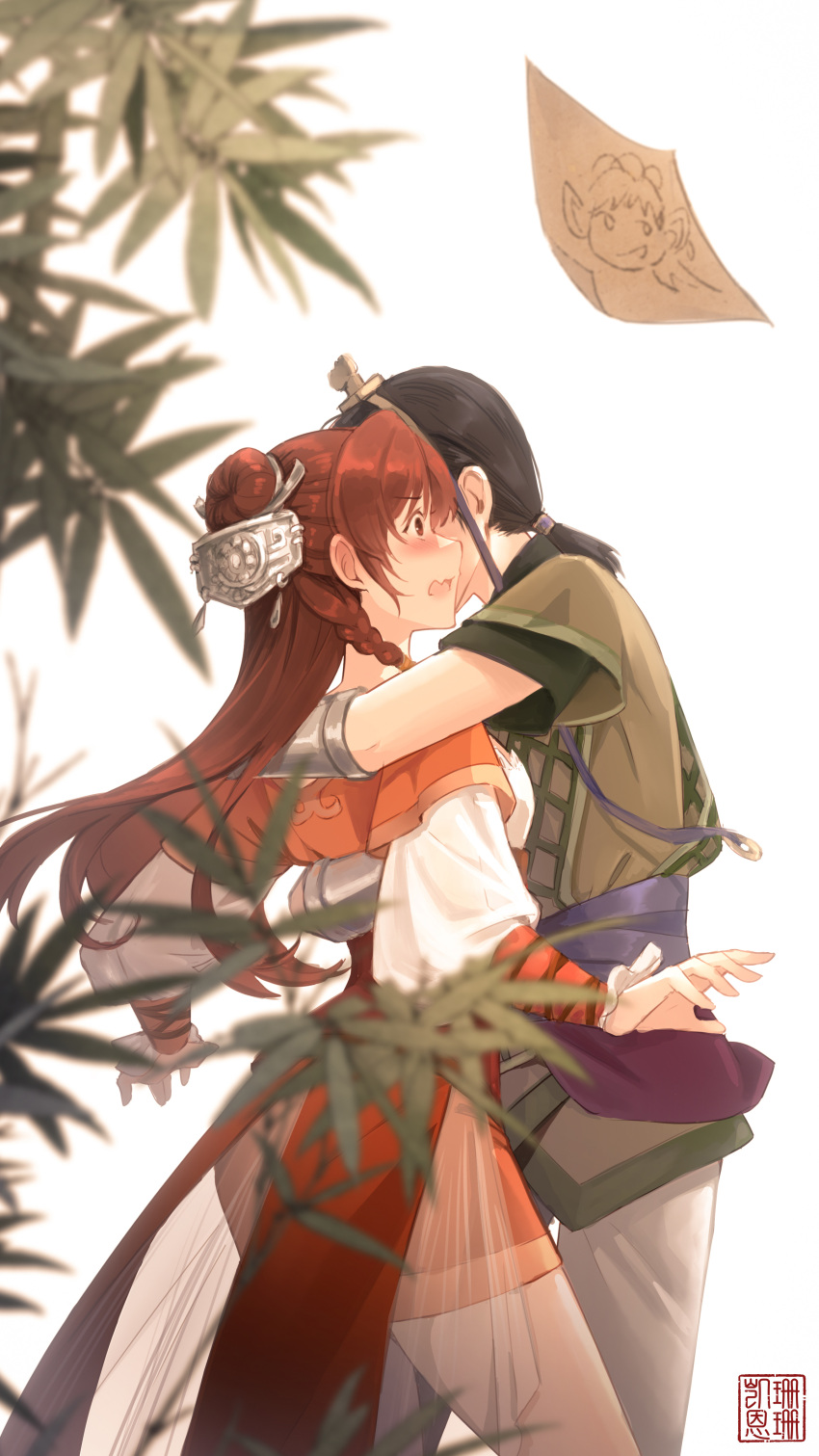 1boy 1girl absurdres arm_around_back drawing hair_bun hair_ornament highres hug kaien_cainsasa leaf long_hair paper surprised tang_xuejian_(xian_jian_qi_xia_zhuan_3) upper_body white_background xian_jian_qi_xia_zhuan xian_jian_qi_xia_zhuan_3