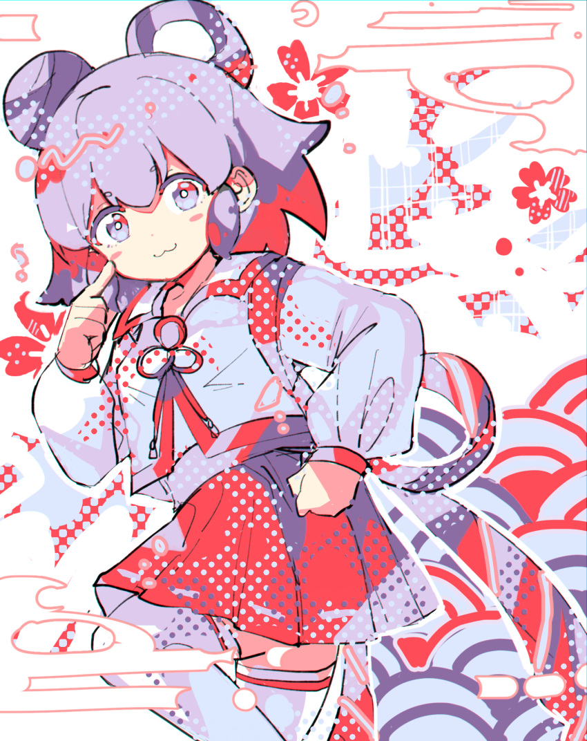 1girl :3 akanbe blush_stickers bow collared_shirt cowboy_shot double_bun finger_to_eye halftone halftone_background halftone_texture highres kujikimi limited_palette long_sleeves original pleated_skirt purple_eyes purple_hair red_skirt shirt short_hair skirt solo standing standing_on_one_leg thighhighs tongue tongue_out waist_bow white_background white_shirt