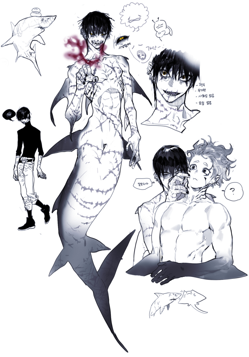 2boys ? annoyed bags_under_eyes black_hair black_nails black_sclera black_sweater blood colored_sclera completely_nude dorsal_fin ear_piercing earrings facial_mark fins full_body gills grin highres jewelry korean_text looking_at_another looking_at_viewer male_focus manta_ray merman monochrome monster_boy multiple_boys multiple_earrings multiple_views nude original piercing pigeon666 scar scar_across_eye scar_on_arm scar_on_chest scar_on_face scar_on_hand scar_on_mouth scar_on_neck scar_on_stomach shark shark_boy shark_fin sharp_teeth short_hair sleeves_pushed_up slit_pupils smile spoken_squiggle squiggle sweater teeth thought_bubble too_many_scars turtleneck turtleneck_sweater upper_body yellow_eyes