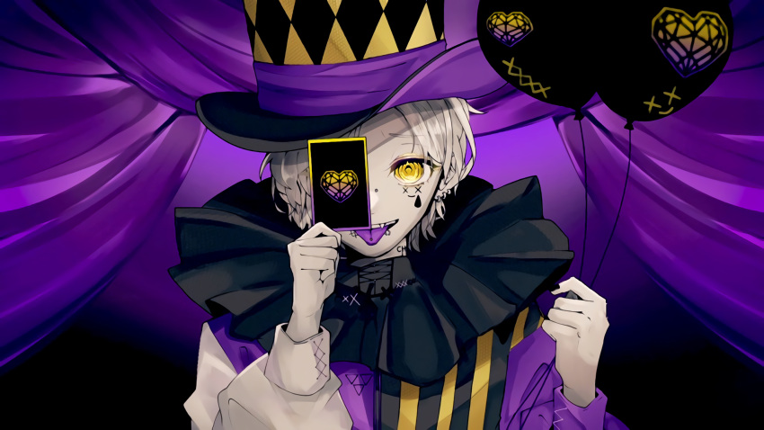1boy admin_(gamer) balloon card colored_tongue envy_baby_(vocaloid) eyeshadow fang grey_hair hat highres holding holding_balloon holding_card indie_virtual_youtuber lip_piercing looking_at_viewer makeup male_focus mugo_(acacacacac_ed) neck_ruff nose_piercing one_eye_covered parted_lips piercing portrait purple_tongue solo tongue tongue_out top_hat virtual_youtuber yellow_eyes yellow_eyeshadow