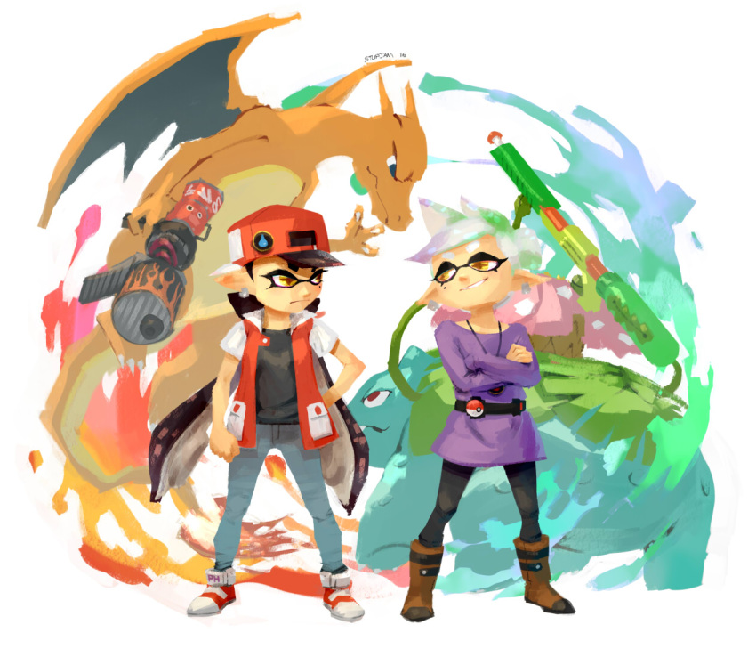 2016 ambiguous_gender animal_humanoid beauty_mark boots callie_(splatoon) cephalopod cephalopod_humanoid charizard clothing cosplay crossover crossover_cosplay ear_piercing ear_ring eye_contact female fire footwear group gun handgun hat headgear headwear humanoid humanoid_pointy_ears inkling looking_at_another marie_(splatoon) marine marine_humanoid membrane_(anatomy) membranous_wings mollusk mollusk_humanoid nintendo piercing pok&eacute;mon pok&eacute;mon_(species) pseudo_hair ranged_weapon red_(pok&eacute;mon) shoes splatoon stupjam suction_cup tentacle_hair tentacles venusaur video_games weapon wings