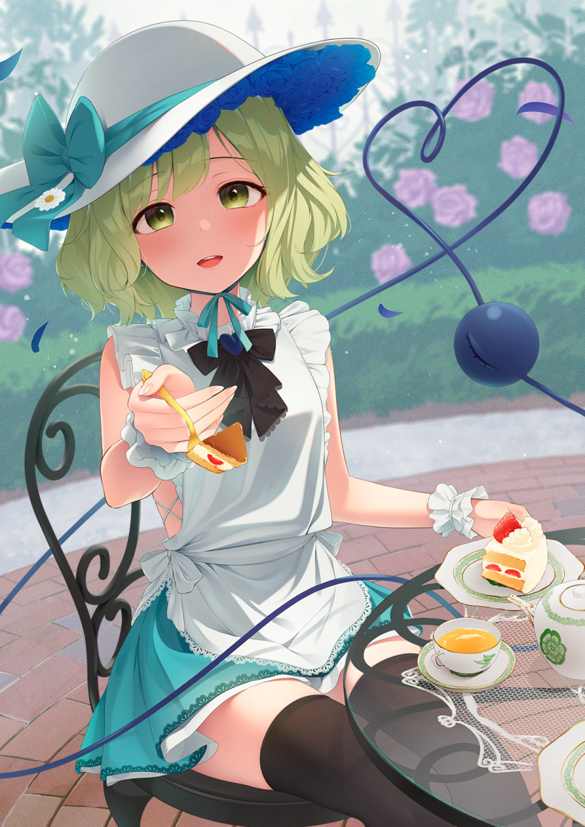 1girl :d alternate_costume apron bare_shoulders black_legwear blue_flower blue_rose bow cup daisy day flower food frills fruit green_eyes green_hair hat heart heart_of_string highres holding kanpa_(campagne_9) komeiji_koishi looking_at_viewer open_mouth outdoors petals pink_flower rose shirt short_hair short_sleeves sitting smile solo teacup thighhighs third_eye touhou white_flower wrist_cuffs