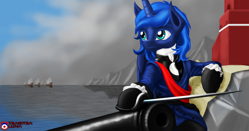 2015 accessory blue_body blue_hair building cannon clothed clothed_feral clothing equid equine female feral friendship_is_magic frilly frilly_accessory hair hi_res holding_object holding_sword holding_weapon hooves horn inspired_by_formal_art jacket mammal map melee_weapon mountain my_little_pony outside princess_luna_(mlp) ranged_weapon rock sash sea seaside ship sitting solo sword teal_eyes topwear tsaritsaluna vehicle water watercraft watermark weapon winged_unicorn wings