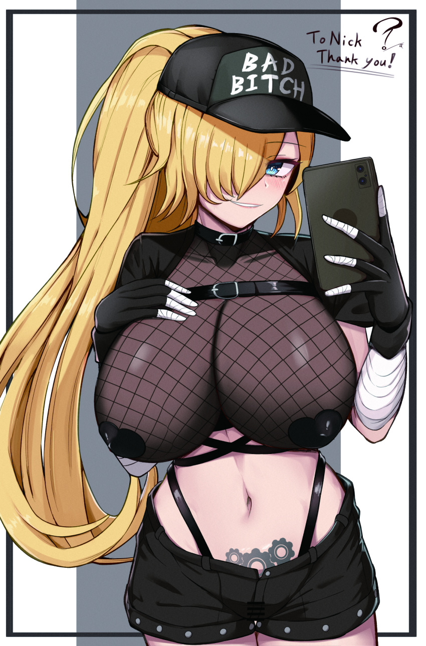 1girl bandages baseball_cap belt_collar black_shorts blonde_hair blue_eyes breast_suppress breasts bright_pupils cellphone character_request collar copyright_request covered_collarbone cowboy_shot english_text fingerless_gloves fishnets gear_print gears gloves grin hair_over_one_eye hat highres huge_breasts impossible_clothes katsuragi_nantoka looking_at_viewer midriff navel panty_straps pasties phone ponytail pubic_tattoo short_shorts shorts smartphone smile solo tattoo