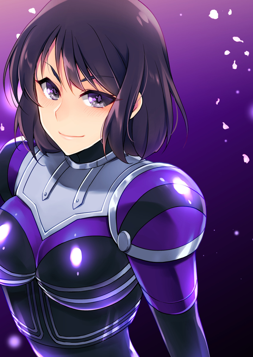 1girl armor ayukawa_ran b-fighter_kabuto b-fighter_tentou bangs blush breasts eyebrows_visible_through_hair hair_behind_ear highres looking_at_viewer medium_breasts metal_hero petals purple_background purple_eyes shapiro short_hair smile tokusatsu