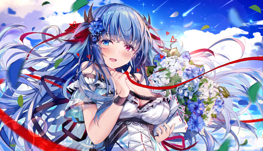 1girl alternate_costume azur_lane bangs bare_shoulders blue_eyes blue_hair blush breasts chinese_commentary cleavage cloud dress english_commentary eyebrows_visible_through_hair flower heaven's_melody heterochromia highres horns ibuki_(azur_lane) large_breasts long_hair looking_at_viewer mixed-language_commentary multiple_horns red_eyes ribbon smile solo tears very_long_hair