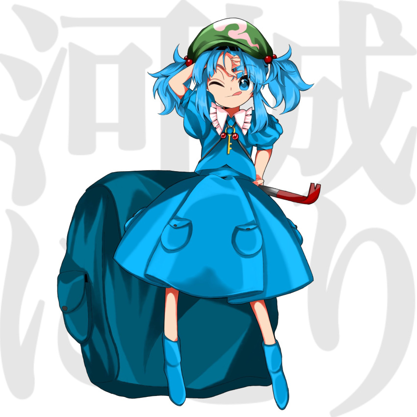 1girl backpack bag bangs blue_bag blue_eyes blue_footwear blue_hair blue_shirt blue_skirt boots cabbie_hat closed_mouth collared_shirt commentary crowbar eyebrows_visible_through_hair flat_cap frilled_shirt_collar frills full_body green_headwear hair_bobbles hair_ornament hand_in_own_hair harukawa_moe_(style) hat highres holding kappa kawashiro_nitori keiki8296 key key_necklace medium_hair one_eye_closed oversized_object pocket puffy_short_sleeves puffy_sleeves rubber_boots shirt short_sleeves short_twintails sidelocks skirt skirt_set solo standing tongue tongue_out touhou twintails two_side_up