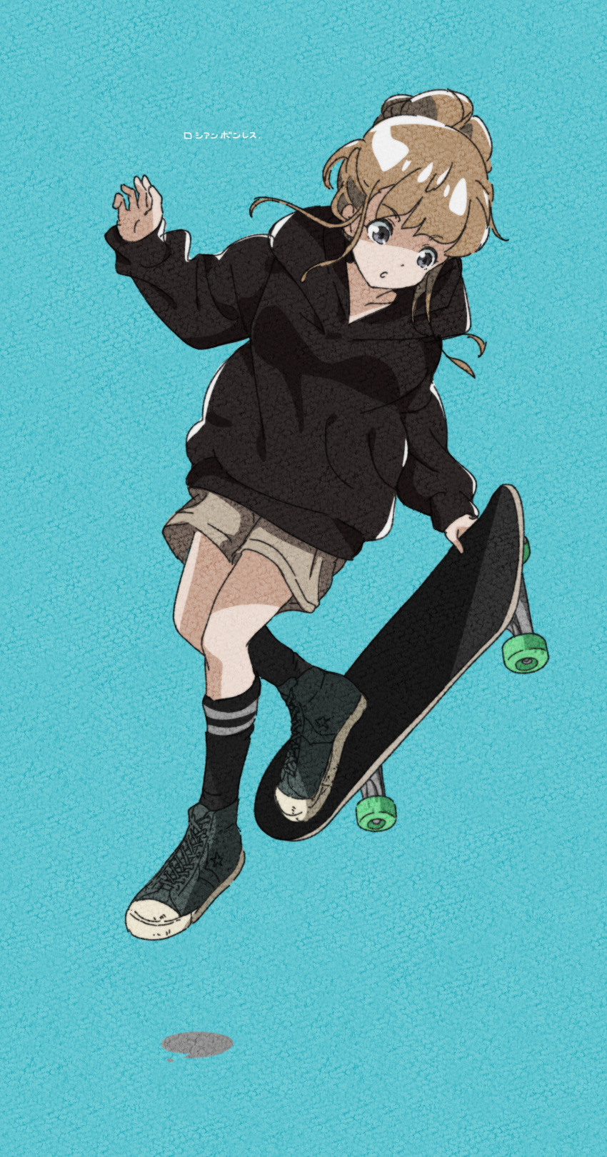 1girl absurdres bangs black_hoodie black_legwear brown_hair calf_socks collarbone commentary_request converse full_body goumonsha grey_eyes hair_bun hand_up highres hood hoodie midair miyake_hinata shoes simple_background skateboard skateboarding sneakers solo sora_yori_mo_tooi_basho translation_request