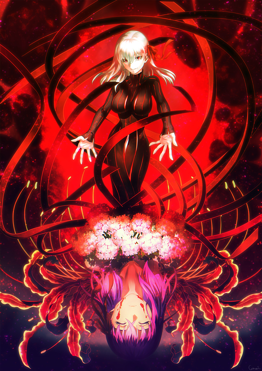 2girls absurdres blood blood_on_face breasts closed_eyes coma2 dark_persona dark_sakura fate/stay_night fate_(series) flower hair_between_eyes heaven's_feel highres large_breasts long_hair looking_at_viewer matou_sakura multiple_girls outstretched_arms purple_eyes red_eyes red_ribbon ribbon smile white_hair