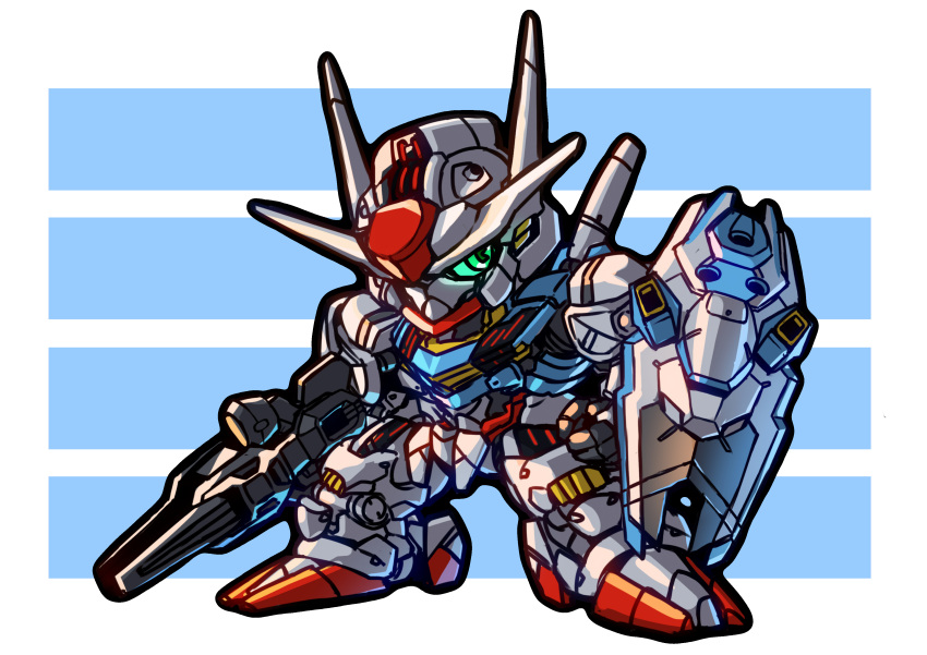 absurdres ag_00000 beam_rifle chibi clenched_hand energy_gun green_eyes gun gundam gundam_aerial gundam_suisei_no_majo highres holding holding_gun holding_weapon looking_to_the_side mecha mobile_suit no_humans sd_gundam shield solo v-fin weapon