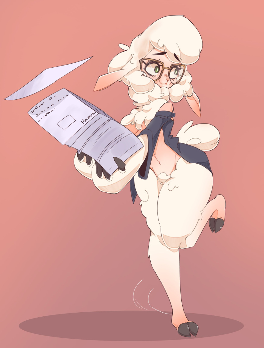 2022 anthro bottomless bottomless_anthro bottomless_female bovid breasts caprine casual_exposure clothed clothing cloven_hooves dawn_bellwether disney eyewear female full-length_portrait glasses hi_res honowyn hooves looking_away mammal off_shoulder on_one_leg paper portrait sheep solo standing zootopia