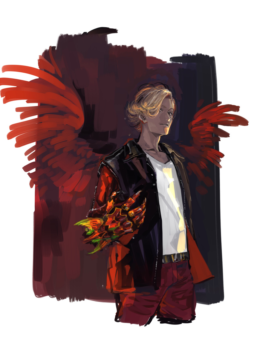 1boy absurdres belt black_jacket blonde_hair claw_(weapon) clawed_gauntlets collarbone commentary_request copyright_request dark-skinned_male dark_skin feathered_wings gauntlets highres ikuhana_niiro jacket male_focus open_clothes open_jacket parted_lips red_wings sleeveless sleeveless_jacket solo weapon wings zipper zipper_pull_tab