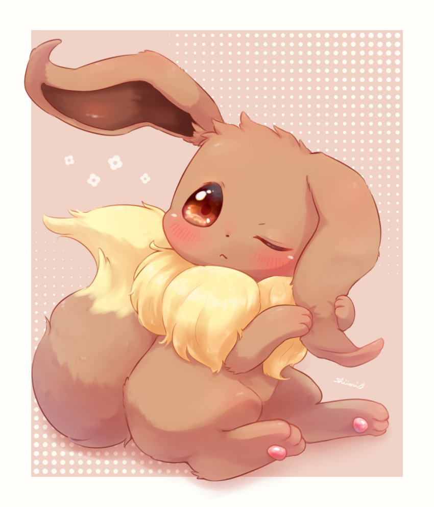 blush border brown_eyes closed_mouth commentary_request eevee frown full_body highres no_humans one_eye_closed pokemon pokemon_(creature) shii_(no-va_could) solo white_border