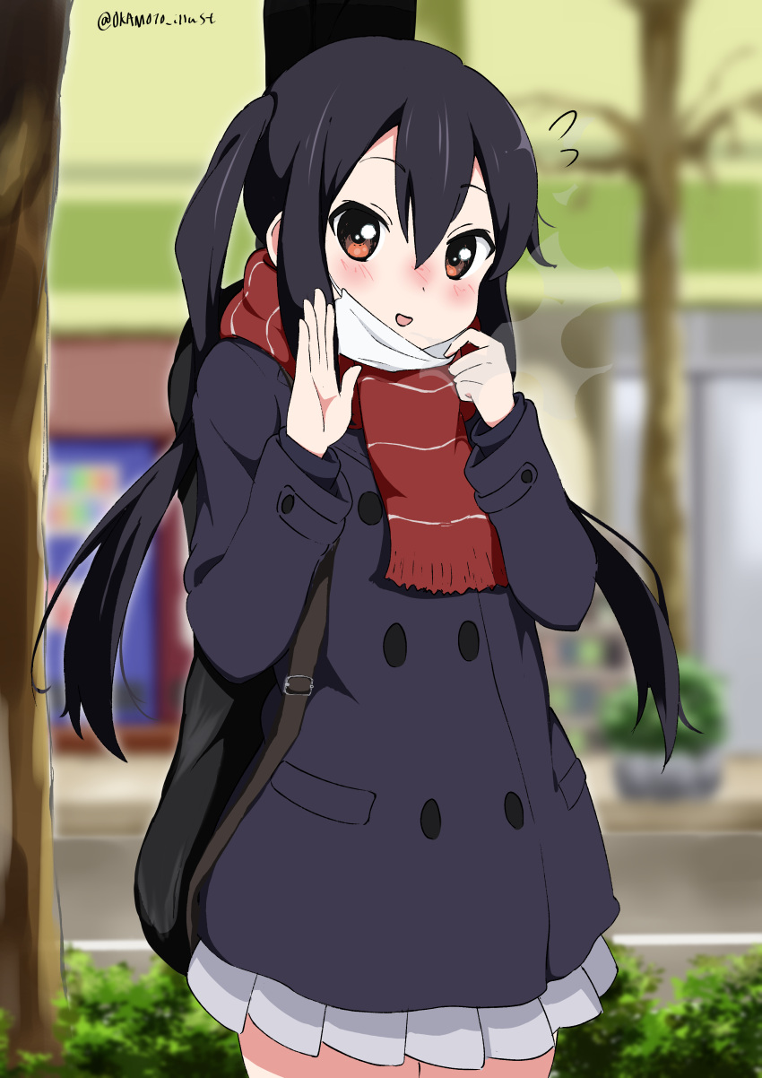 1girl absurdres artist_name bangs black_hair blue_coat blush brown_eyes bush coat commentary_request hair_between_eyes highres k-on! long_hair looking_at_viewer mask miniskirt mouth_mask nakano_azusa open_mouth outdoors red_scarf scarf skirt solo tree twintails twitter_username watermark white_gorilla_(okamoto) white_skirt