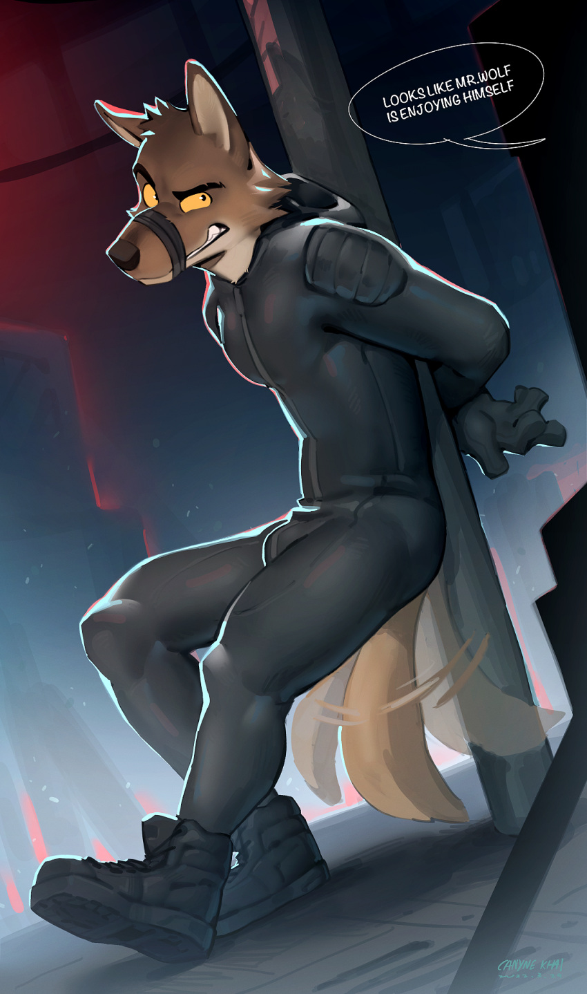 anthro bdsm black_bodysuit bodysuit bondage bound brown_body brown_fur bulge canid canine canis canyne_khai cheek_tuft clothing disembodied_voice dreamworks english_text eyebrows facial_tuft footwear fur gloves hands_tied handwear head_tuft hi_res male mammal mr._wolf_(the_bad_guys) muzzle_(object) raised_eyebrow shoes skinsuit solo speech_bubble tail_motion tailwag text the_bad_guys tied_to_pole tight_clothing tuft wolf yellow_sclera
