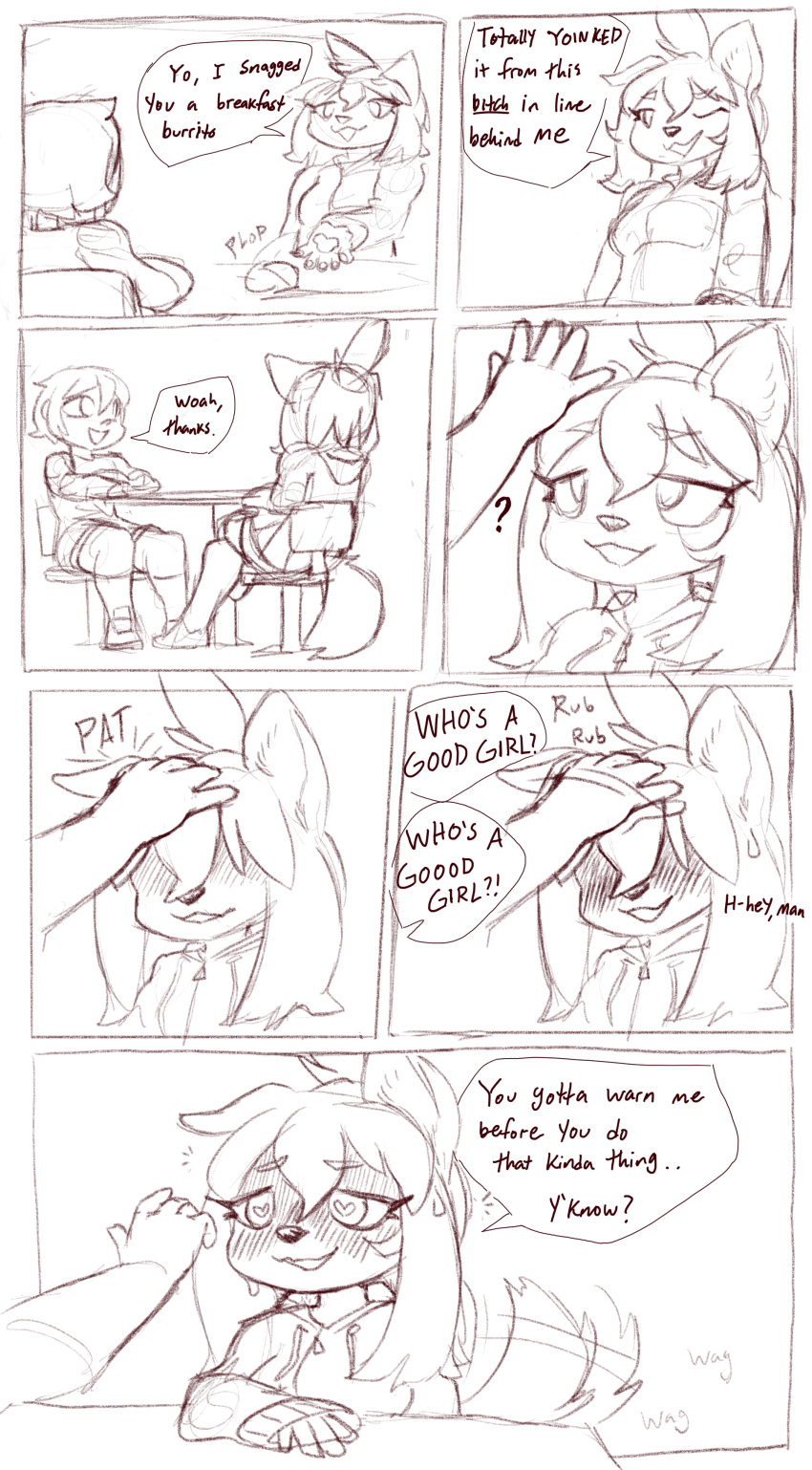 &lt;3 &lt;3_eyes absurd_res anthro biscuit_(blasticussaturn) blasticussaturn blush canid canine comic duo embarrassed female hi_res human male mammal monochrome petting sketch tail_motion tailwag text