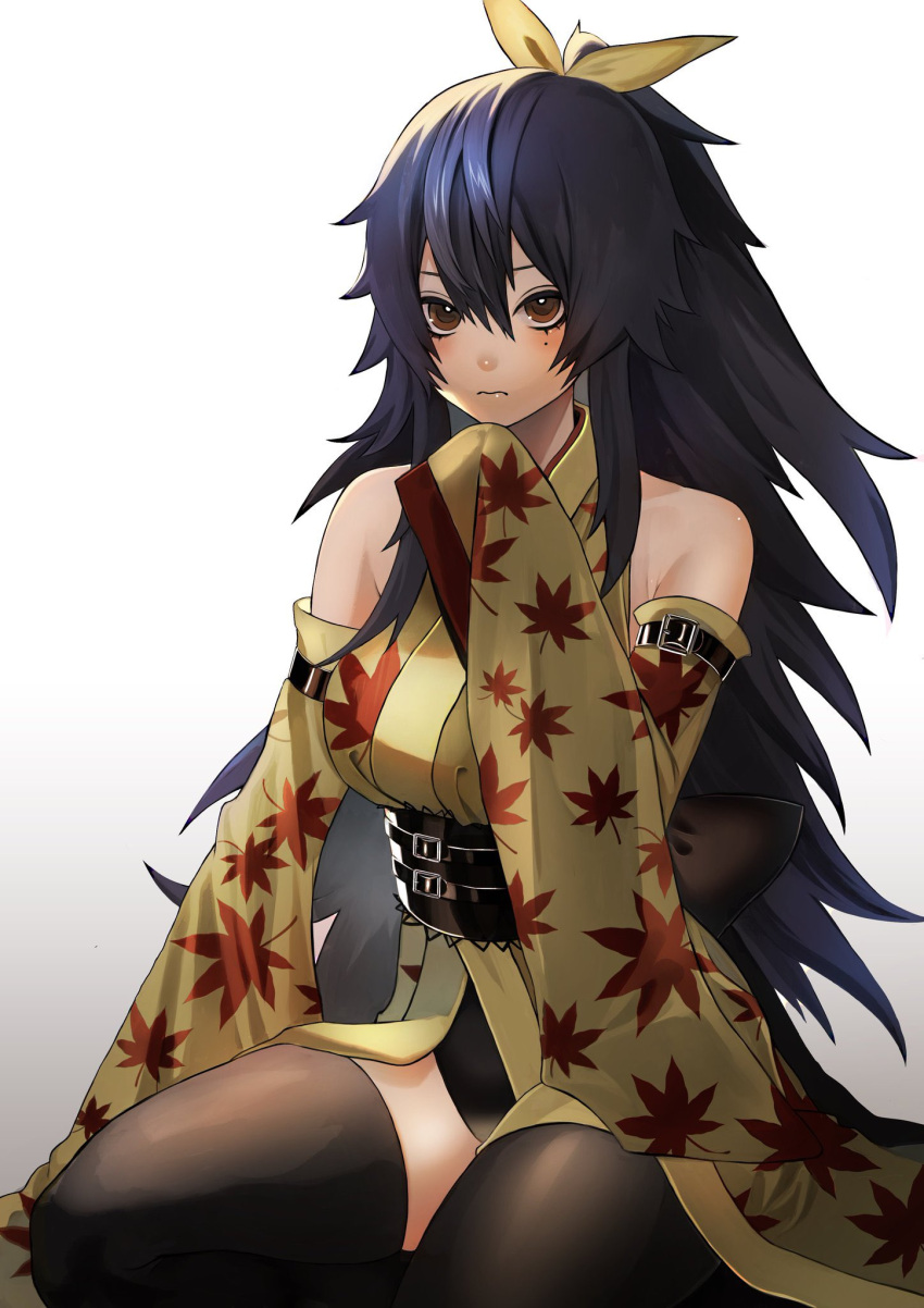 1girl bangs bare_shoulders black_hair black_legwear closed_mouth eden's_zero full_body hair_ribbon highres homura_kogetsu leaf_print long_hair looking_at_viewer maple_leaf_print mole mole_under_eye or_om7 red_eyes ribbon seiza simple_background sitting solo thighhighs white_background wide_sleeves yellow_ribbon