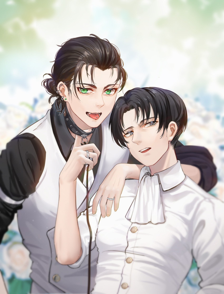 2boys arm_strap ascot bdsm black_hair black_shirt blurry blurry_background collar collared_shirt ear_piercing earrings eren_yeager fh_moya green_eyes grey_eyes hair_bun highres jewelry leash levi_(shingeki_no_kyojin) looking_at_viewer messy_hair multiple_boys multiple_piercings parted_lips piercing ring shingeki_no_kyojin shirt short_hair sleeves_rolled_up teeth tongue tongue_out tongue_piercing upper_body upper_teeth very_short_hair vest wedding_ring white_ascot white_shirt white_vest yaoi