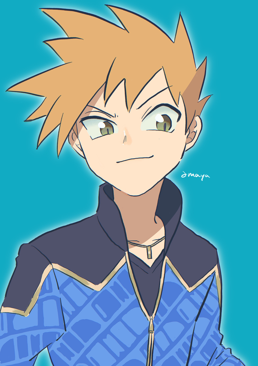 1boy absurdres amaya_uw black_shirt blue_jacket blue_oak brown_eyes closed_mouth collarbone commentary_request highres jacket jewelry looking_down male_focus necklace official_alternate_costume orange_hair pokemon pokemon_(game) pokemon_masters_ex shirt short_hair signature smile solo spiked_hair zipper_pull_tab