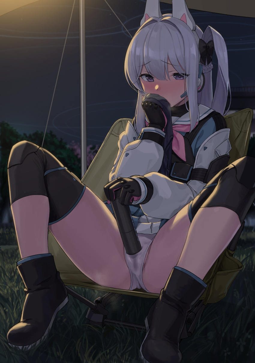 1girl absurdres animal_ear_headphones blue_archive blush boots commentary_request female_masturbation fingerless_gloves gloves grey_hair halo highres knee_pads kuro_(zhurunbo1997) long_hair masturbation miyako_(blue_archive) night panties purple_eyes school_uniform sitting smelling solo spread_legs tactical_clothes underwear wet wet_clothes wet_panties