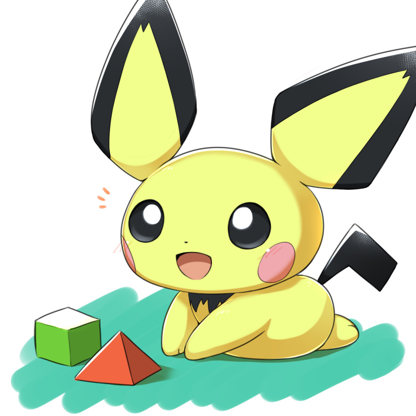 1:1 arm_support black_eyes black_tail cube_(object) female feral front_view fur happy hi_res looking_at_viewer lying nintendo on_front on_ground on_model open_mouth open_smile pichu pok&eacute;mon pok&eacute;mon_(species) pyramid ravinosuke1 simple_background smile solo toy video_games white_background yellow_body yellow_fur