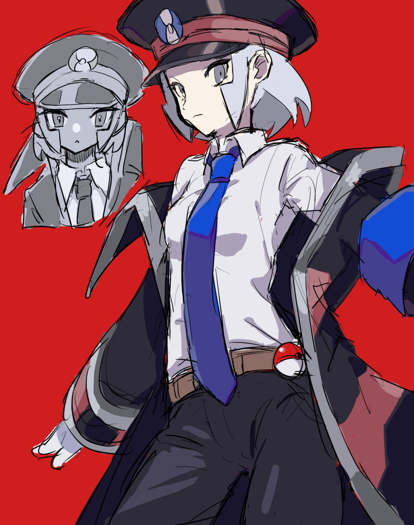 1girl :&lt; armband belt black_coat black_headwear black_pants blue_necktie breasts closed_mouth coat collared_shirt commentary_request cowboy_shot expressionless genderswap genderswap_(mtf) gloves grey_eyes grey_hair hat highres ingo_(pokemon) long_sleeves looking_at_viewer milk_(milk319319) multiple_views necktie off_shoulder open_clothes open_coat pants partially_colored peaked_cap poke_ball poke_ball_(basic) pokemon pokemon_(game) pokemon_bw red_background shirt shirt_tucked_in short_hair sidelocks simple_background small_breasts standing white_gloves white_shirt