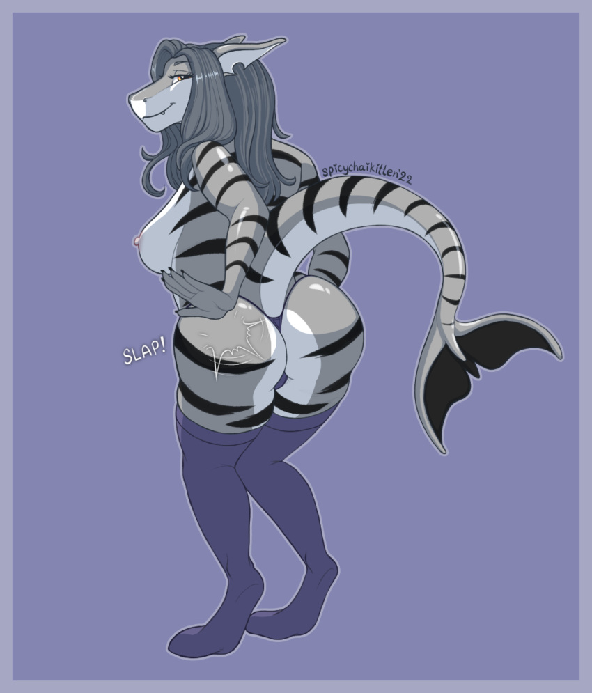 anthro big_butt breasts butt butt_slap clothed clothing digitigrade female fin fish grey_hair hair hi_res legwear looking_back marine mostly_nude nipples notched_ear panties rear_view shark slap smile solo spicychaikitten stockings stripes tail_fin thigh_highs thong topless underwear