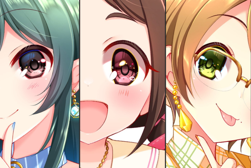 3girls :d :p blush brown_hair column_lineup earrings green_hair head_out_of_frame ic_6cha idolmaster idolmaster_cinderella_girls jewelry looking_at_viewer multiple_girls muramatsu_sakura nail_polish new_wave_(idolmaster) ohishi_izumi portrait semi-rimless_eyewear smile tongue tongue_out tsuchiya_ako