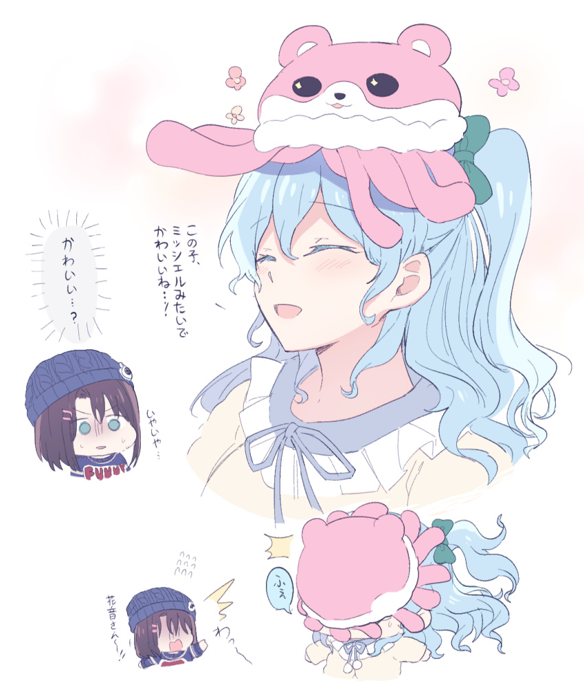 2girls aoiro_050 bang_dream! bangs black_hair blush character_hair_ornament check_translation chibi eyebrows_visible_through_hair grey_eyes hair_ornament highres light_blue_hair long_hair matsubara_kanon medium_hair michelle_(bang_dream!) multiple_girls open_mouth purple_eyes translation_request white_background