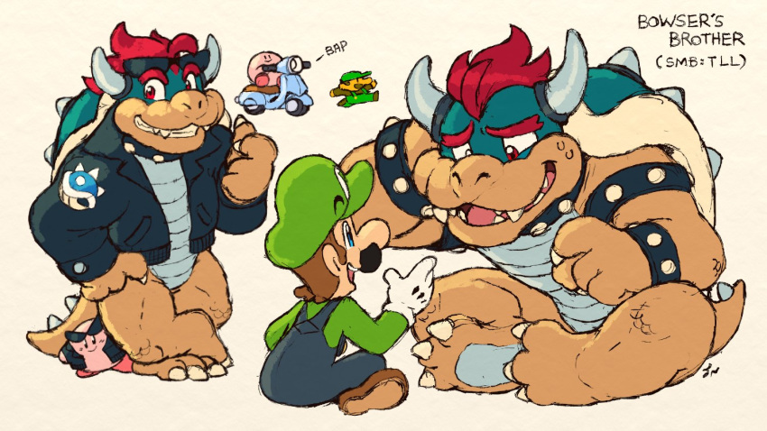 bodily_fluids bowser's_brother clothing dahecksajerry eyewear facial_hair group horn jacket kirby kirby_(series) koopa luigi male mario_bros mustache nintendo scalie shell smile sunglasses sweat topwear video_games