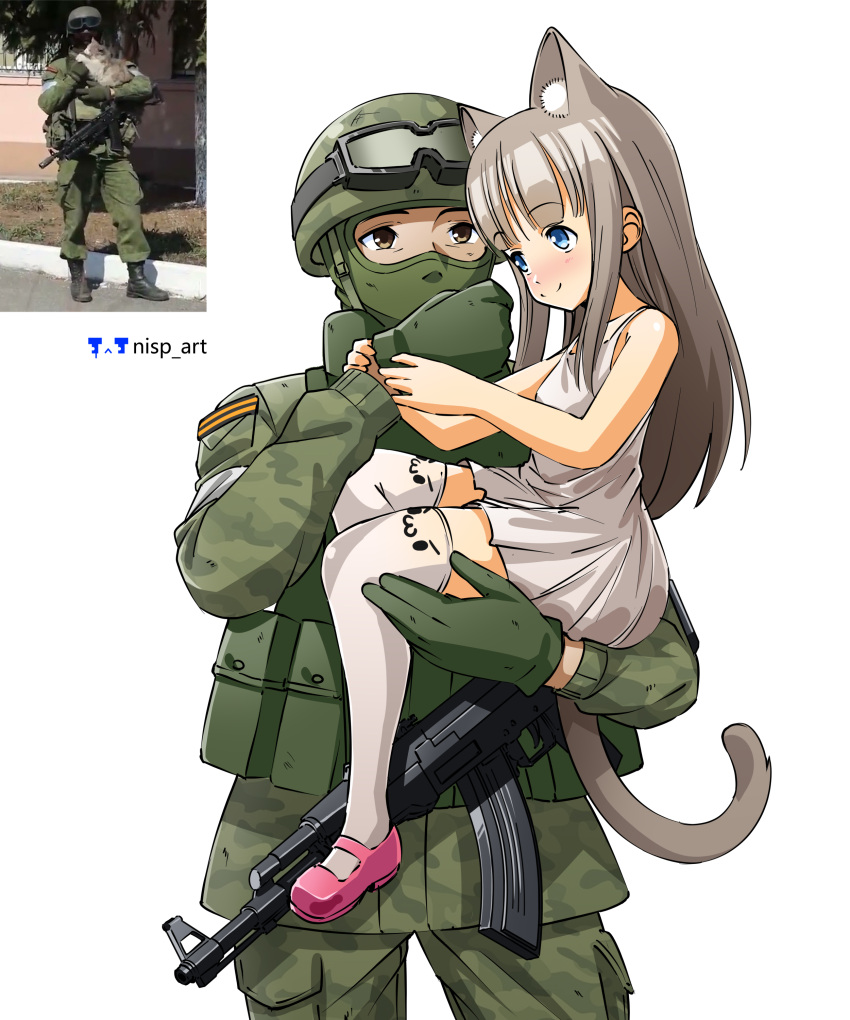 1boy 1girl absurdres animal_ears artist_name balaclava blue_eyes brown_eyes brown_hair carrying carrying_person cat_ears cat_tail child cowboy_shot dress gloves grey_dress grey_legwear helmet highres kalashnikov_rifle military military_uniform nisp_art original personification photo-referenced photo_inset pink_footwear reference_inset ribbon_of_saint_george russian_commentary shoes simple_background tail thighhighs uniform