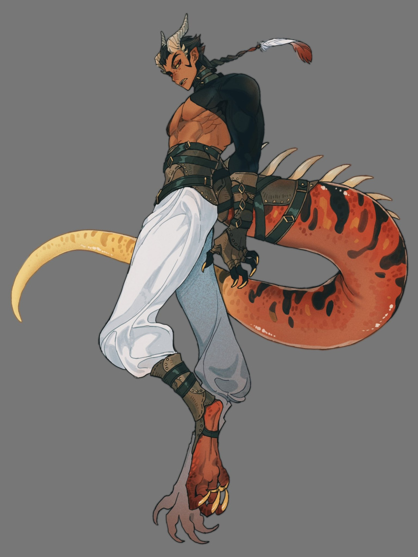 1boy animal_feet baggy_pants belt belt_buckle belt_collar black_hair braid braided_ponytail buckle claws collar colored_sclera colored_tongue dark-skinned_male dark_skin feather_hair_ornament feathers fingernails full_body grey_background hair_ornament head highres horns juanmao lizard_tail looking_at_viewer male_focus medium_hair monster_boy original pants pointy_ears red_eyes red_scales reptile_boy reverse_outfit scales sharp_fingernails sharp_teeth short_pointy_ears sideburns single_braid slit_pupils solo spines tail teeth thick_eyebrows toned toned_male white_pants yellow_nails yellow_sclera yellow_tongue