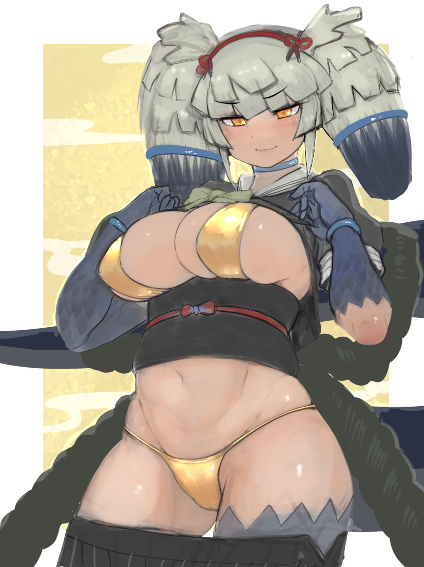 &gt;:) 1girl bangs belly big_hair bikini bikini_under_clothes black_hair bow bowtie breasts choker closed_mouth clothes_lift clothes_pull eyebrows_visible_through_hair gloves green_hair groin hairband hands_up highres kemono_friends large_breasts lifted_by_self looking_at_viewer multicolored_hair navel obi orange_eyes rope sash shibori_kasu shimenawa shirt shirt_lift short_sleeves single_thighhigh skindentation skirt skirt_pull smile solo stomach swimsuit tail tan thighhighs two-tone_hair two_side_up v-shaped_eyebrows yamata_no_orochi_(kemono_friends)