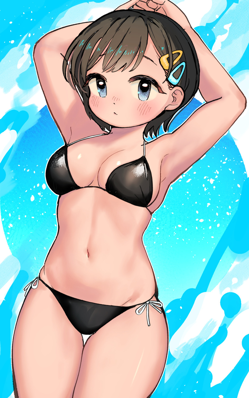 1girl arm_behind_head armpits bikini black_bikini black_hair blue_eyes breasts cowboy_shot hair_ornament hairclip highres medium_breasts miyama_(kannsannn) navel original short_hair side-tie_bikini solo swimsuit thigh_gap