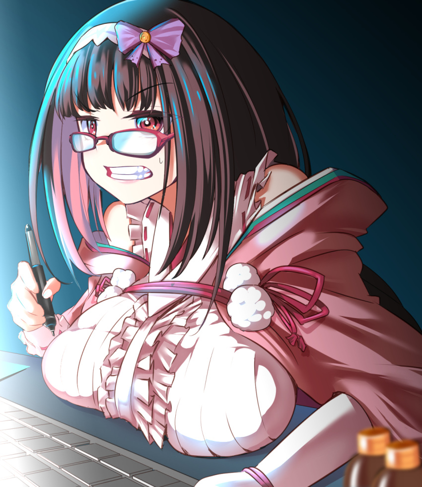 1girl at_computer black_hair breast_rest breasts clenched_teeth cloak desk fate/grand_order fate_(series) glasses hairband highres hikikomori hood hoodie indoors keyboard_(computer) large_breasts long_hair off_shoulder osakabe-hime_(fate) pink_cloak red_eyes solo stylus teeth very_long_hair yakuoyoso