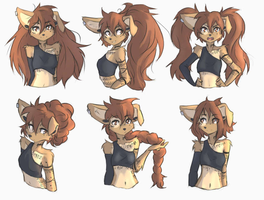 2022 absurd_res anthro apogee_(tinygaypirate) breasts brown_eyes brown_hair canid canine canis clothed clothing domestic_dog female fur hair hi_res long_hair looking_at_viewer mammal multicolored_body multicolored_fur multiple_images navel ponytail short_hair small_breasts solo spitz tan_body tan_fur tinygaypirate twintails_(hairstyle) two_tone_body two_tone_fur white_body white_fur
