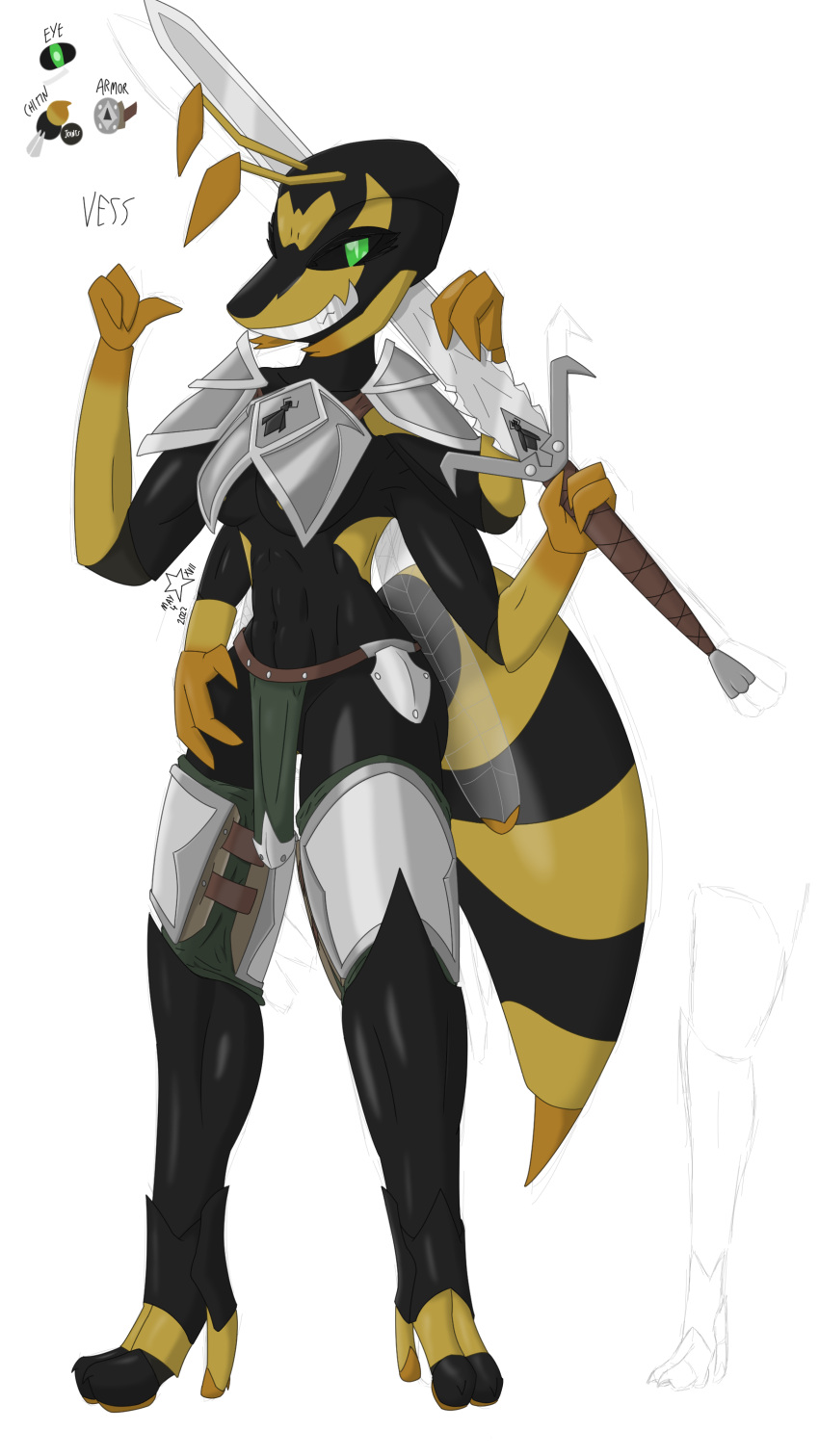 3_fingers 4_arms absurd_res anthro areola areola_slip arthropod black_body black_sclera bottomwear clothing female fingers greatsword green_eyes hi_res holding_object holding_sword holding_weapon hymenopteran insect loincloth melee_weapon multi_arm multi_limb muscular muscular_female skimpy_armor solo solo_focus sword wasp weapon xvii_(artist)