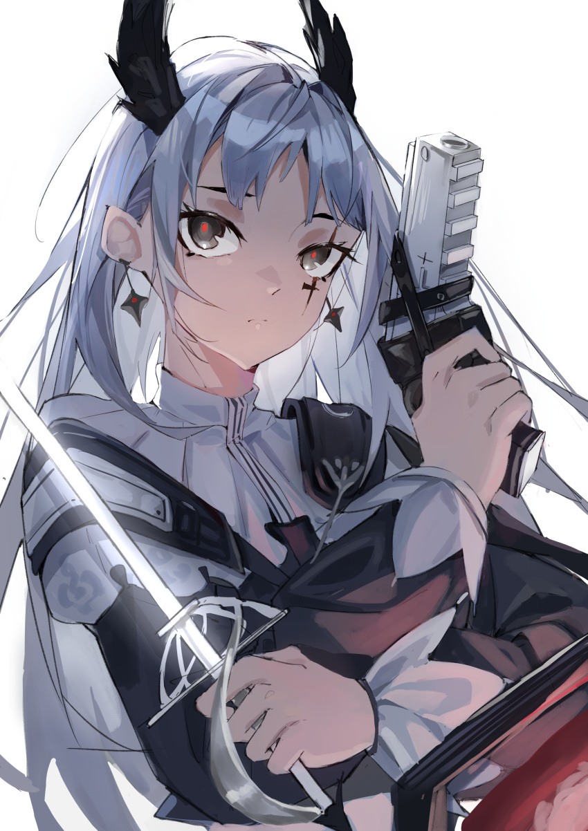 1girl absurdres arknights black_eyes black_jacket closed_mouth dual_wielding earrings grey_hair gun head_wings highres holding holding_gun holding_sword holding_weapon irene_(arknights) jacket jewelry long_hair long_sleeves no_gloves rapier scar scar_across_eye scar_on_face serious shoulder_strap simple_background solo soranoki sword upper_body weapon white_background