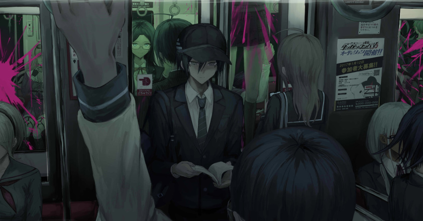 2boys 5girls absurdres ahoge akamatsu_kaede amami_rantarou arm_up back-to-back bag bangs baseball_cap black_hair black_hairband black_headwear black_jacket black_sailor_collar blonde_hair collared_shirt commentary_request danganronpa_(series) danganronpa_v3:_killing_harmony dark-skinned_female dark_skin eyebrows_visible_through_hair fingerless_gloves glasses gloves goggles goggles_on_head gokuhara_gonta hair_between_eyes hairband hanging hat highres iruma_miu iumi_urura jacket long_hair long_sleeves low_twintails multiple_boys multiple_girls o-ring official_alternate_costume ouma_kokichi purple_skirt saihara_shuuichi sailor_collar shirogane_tsumugi shirt shoulder_bag sitting skirt smile spoilers toujou_kirumi train_interior translation_request twintails yonaga_angie