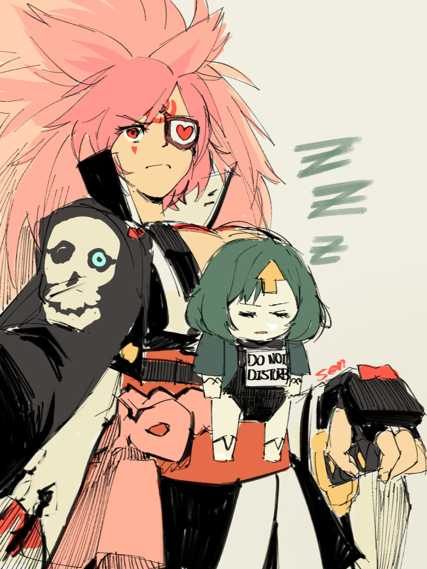 2girls 4th_chaos_emerald amputee arrow_(symbol) baby bags_under_eyes baiken big_hair black_hair black_kimono breasts cleavage delilah_(guilty_gear) eyepatch facial_mark facial_tattoo guilty_gear guilty_gear_strive highres japanese_clothes katana kimono large_breasts long_hair multicolored_clothes multicolored_kimono multiple_girls one-eyed open_clothes open_kimono pink_hair ponytail samurai sash scar scar_across_eye scar_on_face short_hair simple_background sleeping sword tattoo weapon white_kimono