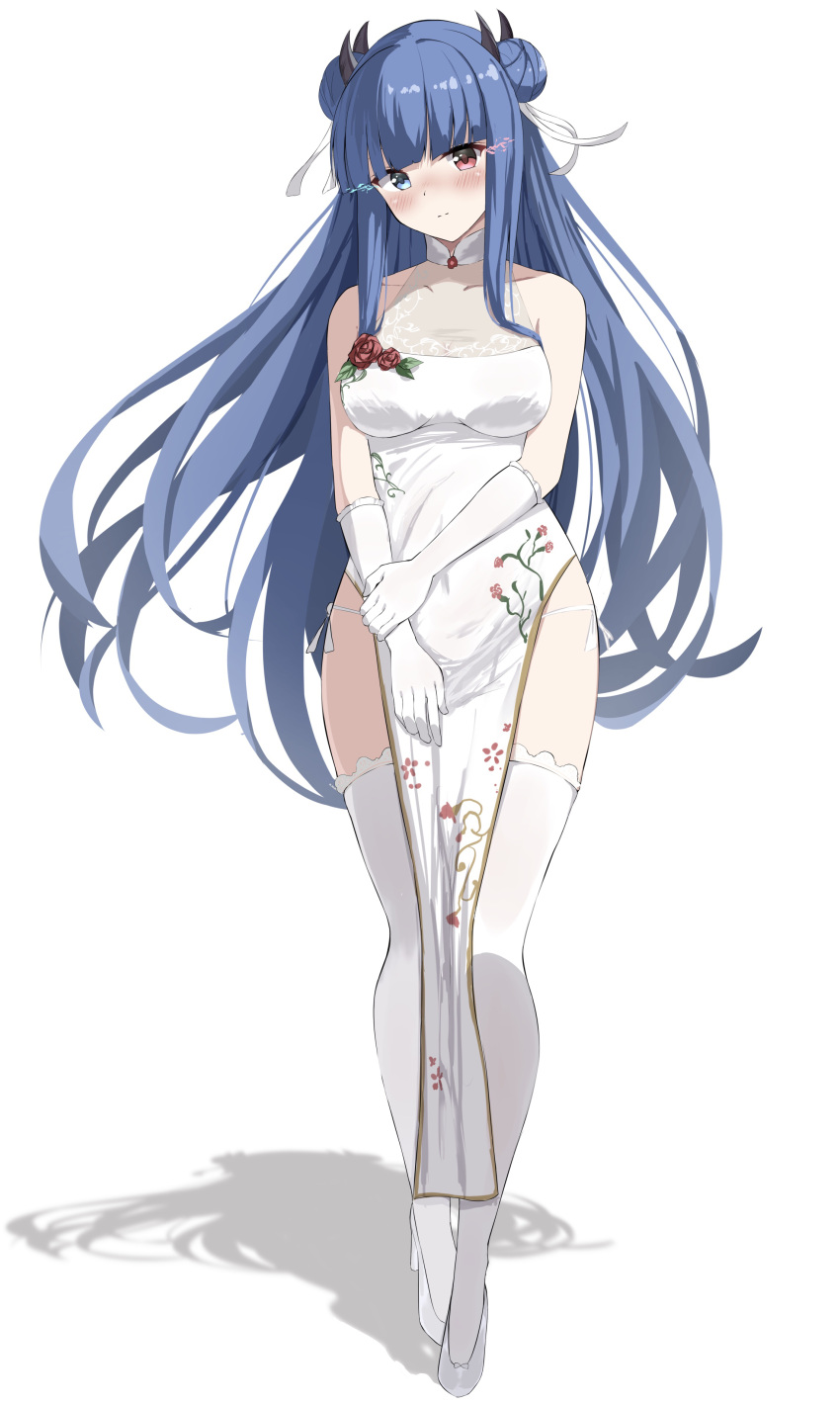 1girl absurdres azur_lane bangs bare_shoulders blue_eyes blue_hair blunt_bangs blush breasts china_dress chinese_clothes closed_mouth commentary_request double_bun dress eye_trail firin floral_print full_body gloves hair_ornament hair_ribbon hand_on_own_chest heterochromia highres horns ibuki_(azur_lane) long_hair looking_at_viewer medium_breasts multiple_horns pelvic_curtain print_dress red_eyes ribbon shadow simple_background sleeveless sleeveless_dress solo standing thighhighs very_long_hair white_background white_dress white_footwear white_gloves white_legwear white_ribbon