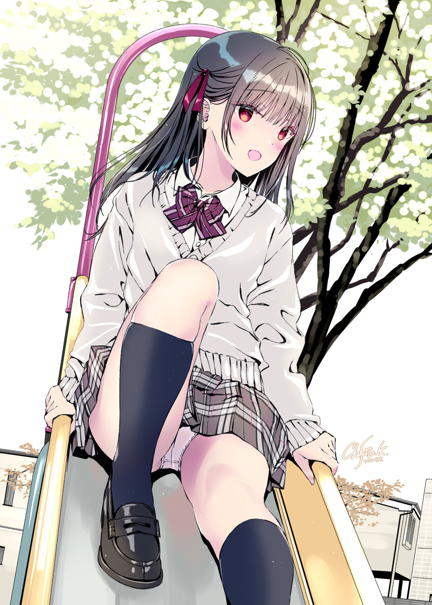 1girl :d bangs black_footwear black_hair black_legwear blurry blurry_background blush bow bowtie brown_skirt collared_shirt dress_shirt grey_shirt hair_ribbon highres kobayashi_chisato loafers long_hair long_sleeves open_mouth original outdoors panties plaid plaid_bow plaid_skirt pleated_skirt purple_bow red_eyes red_ribbon ribbon shirt shoes sitting skirt slide smile socks solo tree underwear white_panties white_shirt