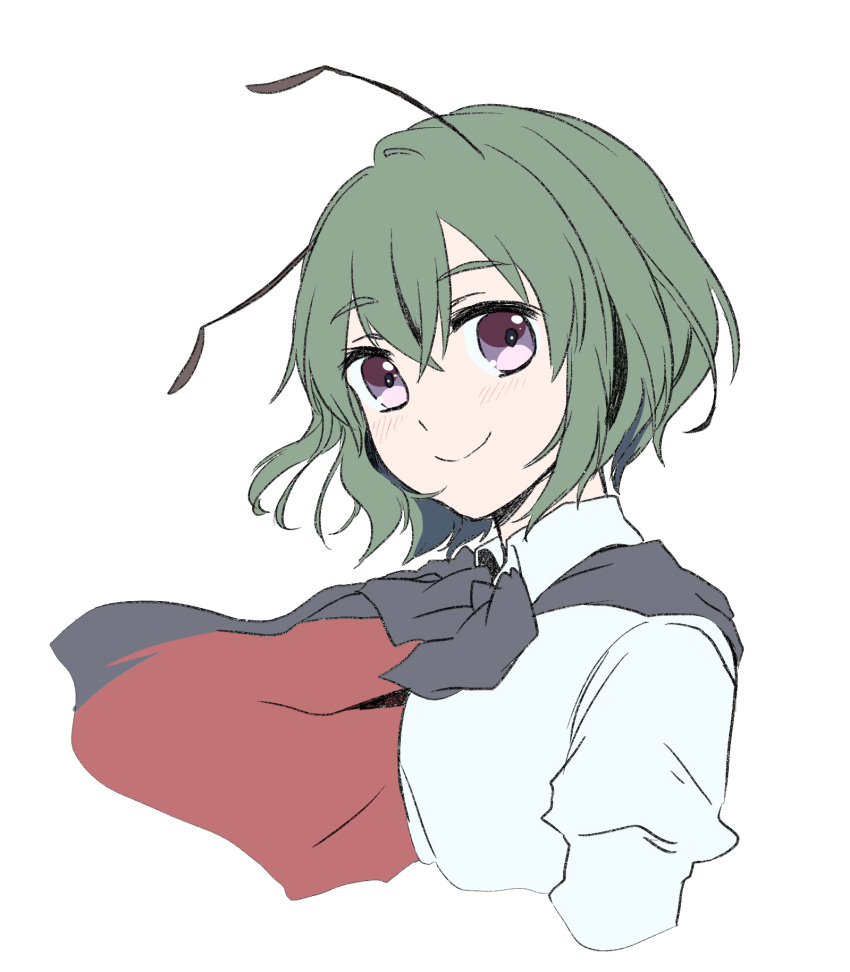 1girl antennae bangs black_cape blush cape closed_mouth collared_shirt eyebrows_visible_through_hair green_hair hair_between_eyes highres kuromame_(8gou) looking_at_viewer purple_eyes red_cape shirt short_hair simple_background smile solo touhou two-sided_cape two-sided_fabric upper_body wavy_hair white_background white_shirt wriggle_nightbug