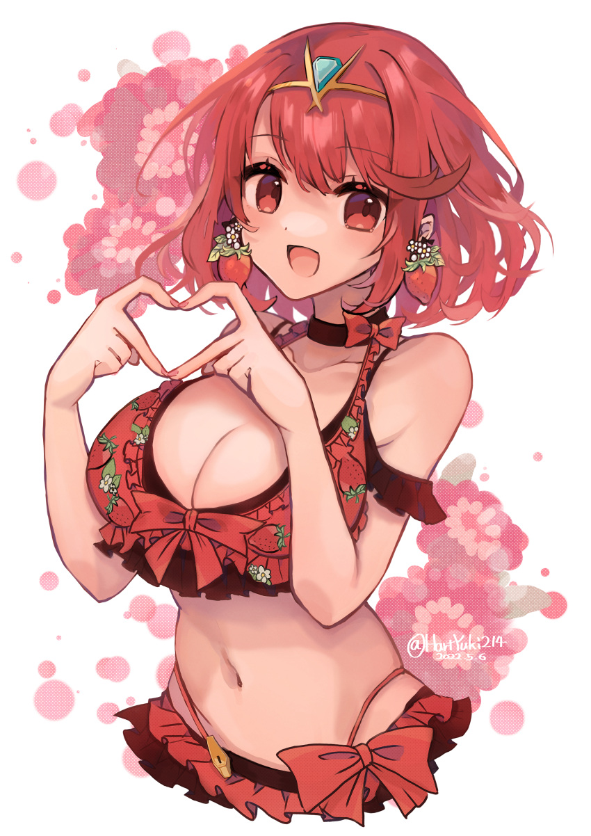 1girl :d absurdres bangs bare_shoulders bikini black_choker blush bow breasts choker cleavage collarbone cropped_torso earrings eyebrows_visible_through_hair floral_background food food-themed_earrings food_print frilled_bikini frills fruit haruto_yuki heart heart_hands highres jewelry large_breasts open_mouth print_bikini pyra_(xenoblade) red_bikini red_bow red_eyes red_hair short_hair smile solo strawberry strawberry_print swimsuit tiara white_background xenoblade_chronicles_(series) xenoblade_chronicles_2