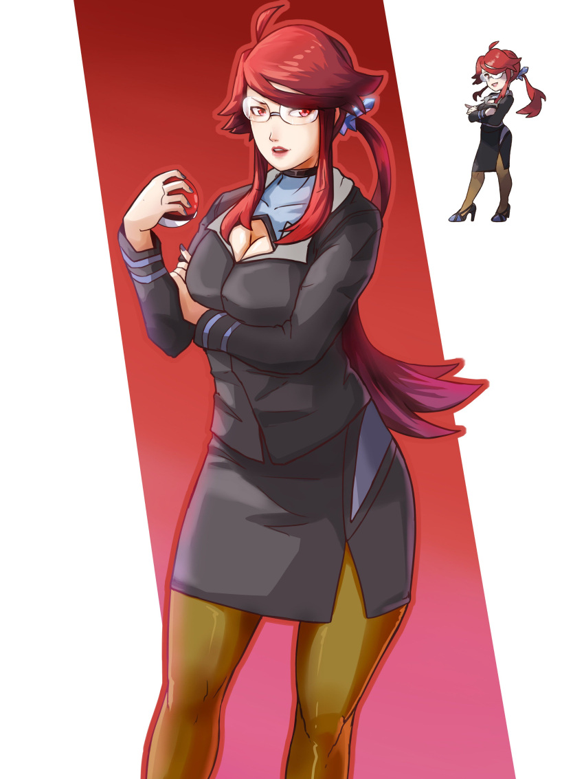 1girl absurdres bangs black_suit commentary feindall formal highres long_sleeves lorelei_(pokemon) pantyhose poke_ball pokemon pokemon_(game) pokemon_lgpe ponytail red_hair reference_inset sidelocks skirt suit swept_bangs