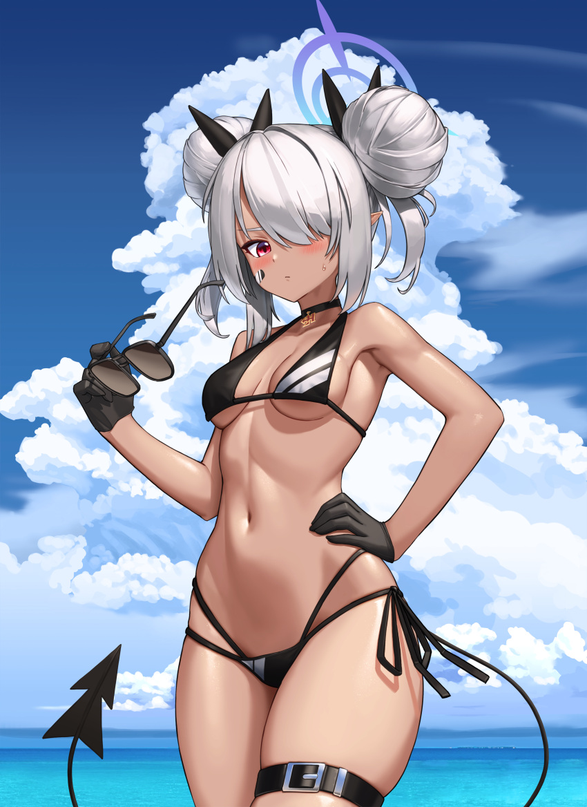 1girl absurdres alternate_hairstyle bandaid bandaid_on_face bangs bare_arms bare_shoulders bikini black_bikini black_choker black_gloves blue_archive blush breasts choker cloud cloudy_sky cowboy_shot dark-skinned_female dark_skin day demon_tail double_bun eyewear_removed gloves grey_hair hair_over_one_eye halo hand_on_hip highres holding holding_eyewear iori_(blue_archive) iori_(swimsuit)_(blue_archive) looking_at_viewer navel neowise outdoors pointy_ears red_eyes side-tie_bikini sidelocks sky small_breasts solo standing stomach sunglasses swimsuit tail thigh_strap