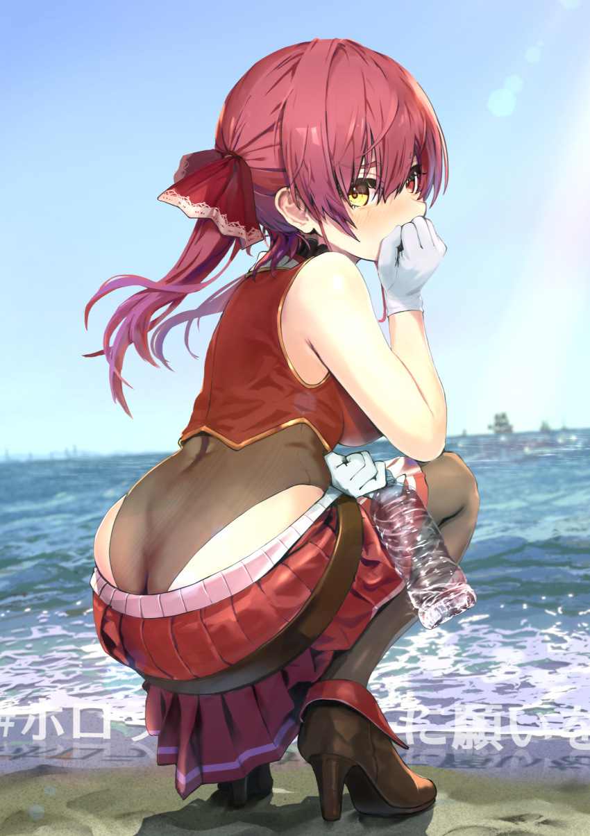 1girl ass bangs bare_shoulders beach belt blue_sky blush boots breasts brown_belt brown_footwear brown_legwear brown_leotard eyebrows_visible_through_hair from_behind full_body gloves hair_between_eyes hair_ribbon heterochromia high_heels highleg highleg_leotard highres hololive houshou_marine jacket large_breasts leather leather_belt leather_boots leotard leotard_under_clothes long_hair looking_at_viewer looking_back loose_belt miniskirt ocean outdoors pleated_skirt red_eyes red_hair red_jacket red_ribbon red_skirt ribbon sand see-through_leotard skirt sky sleeveless sleeveless_jacket solo squatting swept_bangs thighhighs twintails virtual_youtuber wankosukii water white_gloves yellow_eyes