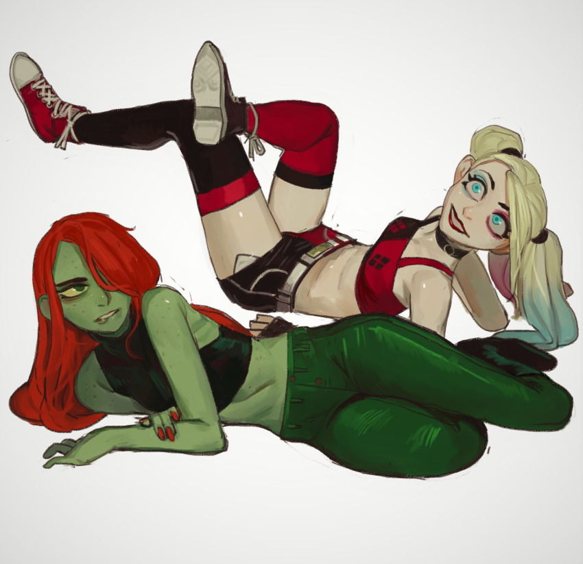 2girls asymmetrical_footwear asymmetrical_legwear batman_(series) belt black_footwear black_legwear black_shorts blonde_hair blue_eyes colored_sclera colored_skin crossed_legs dc_comics eyeshadow fingernails gradient_hair green_eyes green_pants green_skin harley_quinn highres lipstick long_hair makeup midriff mismatched_footwear mismatched_legwear mossacannibalis multicolored_hair multiple_girls nail_polish pants poison_ivy red_footwear red_hair red_legwear red_lips red_nails shoes short_shorts shorts simple_background smile thighhighs twintails white_background white_belt wide-eyed yellow_sclera